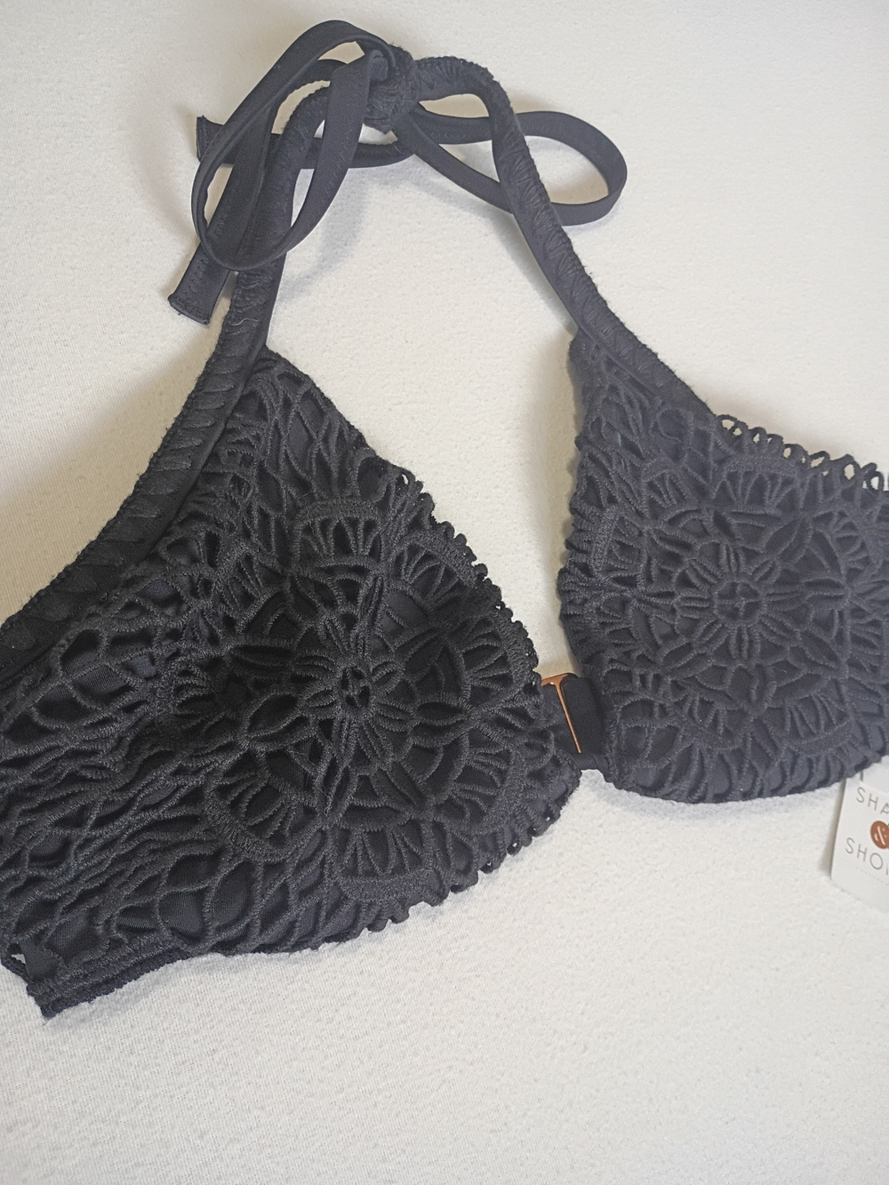 Shade & Shore 34D NWT Black Macrame Lace Underwire Bandeau Bikini Tie Top